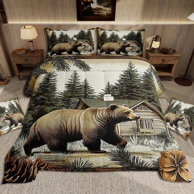 jejeloiu Cabin Bear Comforter Set Twin Size Farmhouse Rustic Lodge Bedding Set for Boys Girls Teens Cabin Country Decor Duvet Quilt with 1 Pillow Case Soft Breathable