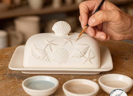 Blue Sky Clayworks Laguna Coastal Butter Dish, Ceramic, 8" L x 5.125" W x 3.375" H, Shell & Starfish Relief