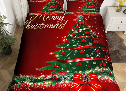Christmas Tree Duvet Cover Set King Size Fir Tree Branches and Deer Print Bedding Set 3pcs for Kids Girls New Year Theme Comforter Cover Merry Christmas Red Quilt Cover with 2 Pillowcases,No Comforter