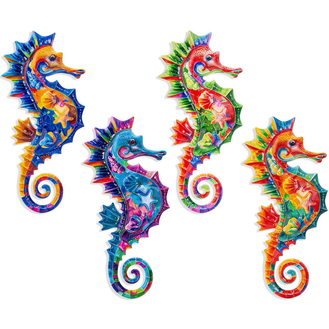 LaLamona 4Pieces Metal Seahorse Wall Decor, Outdoor Coastal Wall Art, Seahorse Hanging Decor for Beach Coast Barthroom Garden Yard Pool