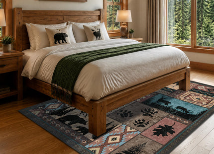 SAIFILI Rustic Cabin Area Rug for Living Room 5x7, Washable Southwestern Country Lodge Bear Rug, Non-Slip Low Pile Wildlife Animal Carpet for Bedroom, Dining Room, Farmhouse, Home Decor