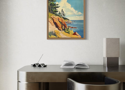 Maine Rocky Coastlilne Wood Framed Wall Art Print Poster, State Painting Photo Artwork Wall Decor Nature Landscape Bedroom Bathroom Living Room 165C (Maine Rocky Coastlilne, 14"L x 11"W, Wood Frame)
