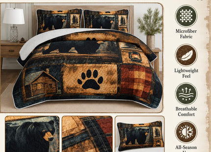 AILONEN Black Bear Quilt Set King Size, Rustic Bear Bedspread Coverlet for Boys Girls Adults with 2 Pillowcases,3-Piece Wildlife Themed Hunting Quilt Bedding Set