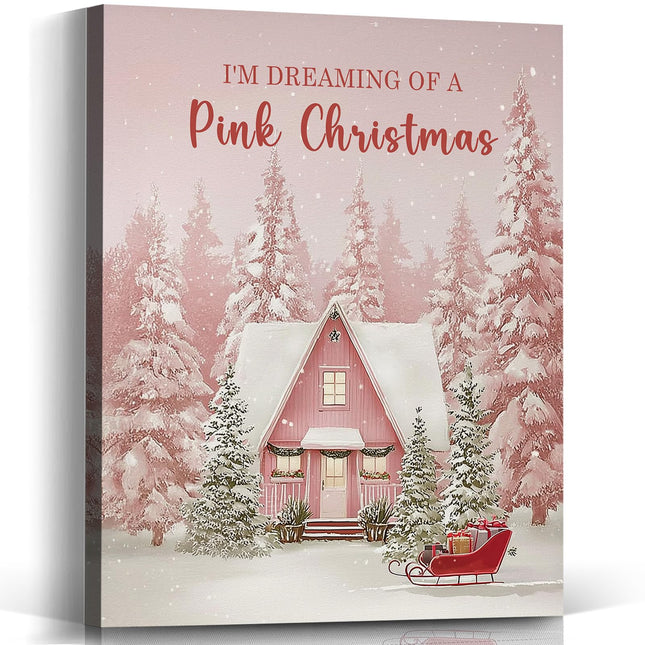 Voxitura Pink Winter Christmas Wall Art Canvas, Snowy Forest Cabin Sleigh Wall Decor for Holiday Kitchen, Preppy Festive Paintings Pictures Prints Framed for Bedroom Girly Room 12x15in