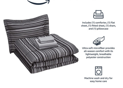 Amazon Basics 5-Piece Lightweight Microfiber Comforter Set with Sheets, Bed-in-a-Bag, Gray Calvin Striped Bedding, Twin/Twin XL