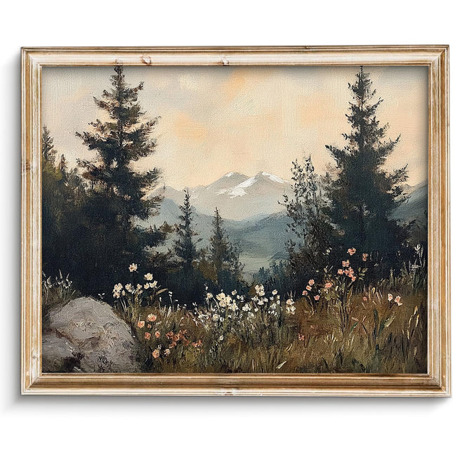 SQGGZH Vintage Wildflower Mountain Landscape Oil Painting, Cottagecore Wall Art Rustic Cabin Scenery Wall Decor Canvas Prints Farmhouse Spring Wall Art for Gallery,Bedroom, Kitchen, Living Room,Desktop, or Office - 8'' x 10'' - UNFRAMED