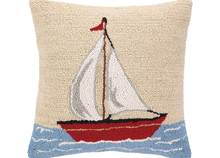 Sailboat Wool Hook Pillow for Lake or Beach House by The Pillow Shoppe, 16" Square