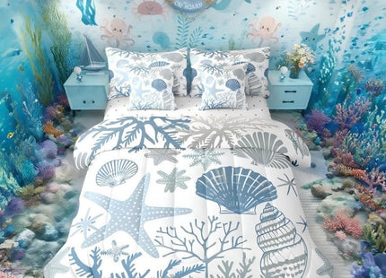Erosebridal Nautical Coastal Bed in a Bag Queen Comforter Set 7 Piece,Blue Ocean Beach Bedding Set Seashell Starfish Sheet Sets with Comforter Conch Shell Coral Bed Set,Plain White Blue Room Decor