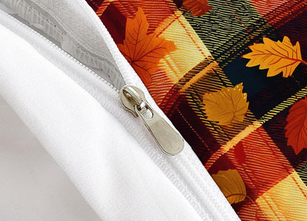 AILONEN Autumn Maple Twin Bedding Set 3 Piece, 1 Duvet Cover + 2 Pillowcases, Burnt Orange Leaves Dark Plaid Checks Golden Foliage for Rustic Cabin Bedroom