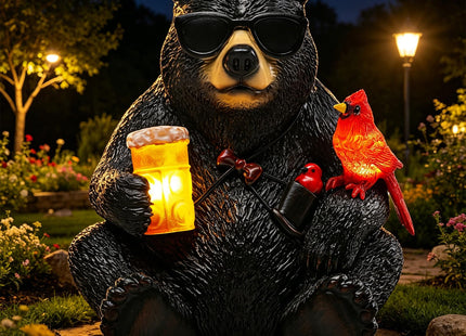 YHSOLAR Solar Black Bear Statue for Garden with Beer and Cardinals