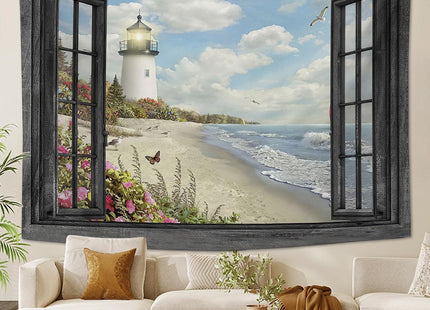 Baegopa Beach Tapestry Large Lighthouse Ocean Tapestry Wall Hanging for Bedroom Seascape Coastal Tapestries Wall Decor for Home Office Dorm Living Room 40"x60"