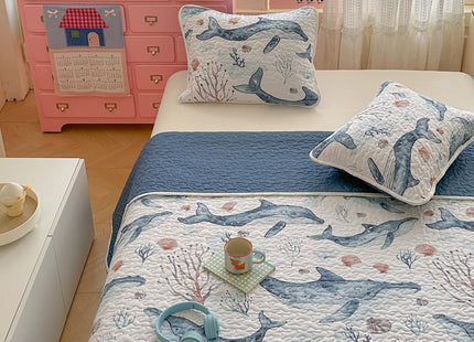 Coastal Quilt Sets Queen Size - Reversible Microfiber Blue Whale Ocean Style Quilts with 2 Shams Soft Lightweight Beach Bedding Nautical Bedspread Coverlet Summer Comforter for All Season