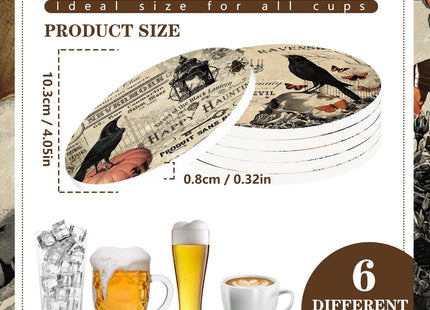 Whaline 6Pcs Halloween Coasters with Holder Vintage Owl Crow Skull Ceramic Drink Coasters Absorbent Cup Mat for Home Kitchen Party Table Protection