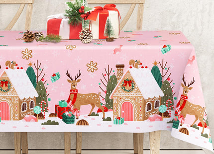 Christmas Tablecloth Pink Gingerbread House Reindeer Table Cover 52 x 70 Inch Xmas Table Cloth for Winter Holiday Birthday Party Supplies Decoration