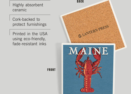 Lantern Press Maine, Lobster Woodblock (Absorbent Ceramic Coaster, Single, Cork Back, Kitchen Table Decor)
