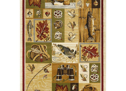 HR Cabin Rug Cabin Area Rug Modern Geometric Design Cabin Area Rug Abstract, Beige/Multicolor Design– Fishing Equipment/Hook/Fish/Duck