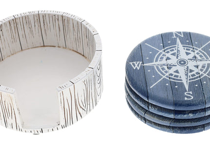 Compass Rose Coaster Set - Nautical Ocean Beach Boat Coastal Decor - Rustic Weathered Blue/White Finish