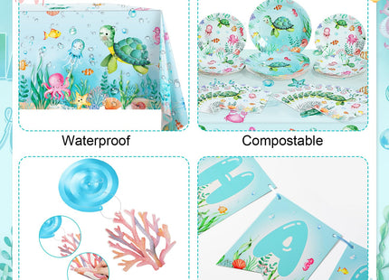 Libima 189 Pcs Sea Turtle Birthday Decorations Ocean Sea Party Tableware Turtle Plates Napkins with Sea Animal Cups Tablecloth Hanging Swirl for Under the Sea Baby Shower Turtle Pool Party Supplies