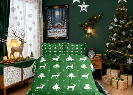 Manfei Christmas Deer Girls Bedding Set Twin Size, Snowflake Pine Tree Comforter Set，Rustic Farmhouse Xmas Quilt Comforter for Boys Teens,Green White Room Decor All Season,1 Pillowcase