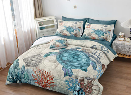 Bedding_Dreamer Turtle Comforter Set Ocean Turtle Bed in a Bag 8 Pieces Coastal Beach Themed Bedding with 1 Comforter, 1 Flat Sheet, 1 Fitted Sheet, 4 Pillowcases, 1 Cushion Cover (King, Turtle)