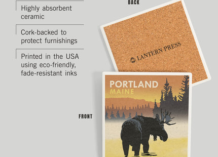 Lantern Press Portland, Maine, Moose at Dawn, Woodblock (Absorbent Ceramic Coaster, Single, Cork Back, Kitchen Table Decor)