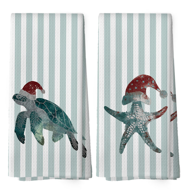 Mcehtle Coastal Christmas Turtle Starfish Kitchen Towels Set of 2, Coastal Beach Christmas Decor Hand Towel for Bathroom Kitchen Decor, Marine Life Xmas Decorative Tea Towels Dish Towel 16x24 Inch