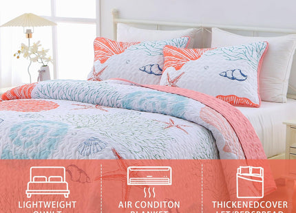 Heymybed Coastal Quilt Set King Size Beach Coverlet Pink Starfish Coral Seashell Bedspread Ocean Beach Themed Bed Cover Microfiber Soft Lightweight Bedding Sets for All Seasons (106"×92")