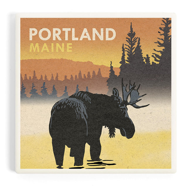 Lantern Press Portland, Maine, Moose at Dawn, Woodblock (Absorbent Ceramic Coaster, Single, Cork Back, Kitchen Table Decor)