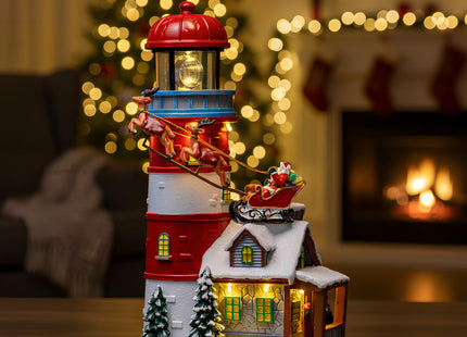 VISFLAIR Musical Christmas Village Figurines Lighthouse & Flying Santa Collectibles Building Statues, Battery & USB Christmas Home Decor Gifts Festive Holiday Decorations