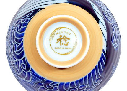 Mino Ware Japanese Rice Bowl, Rice Ramen Noodle Soup Sarada Pasta, Wave Whale Chawn, 4.6 inch 10oz