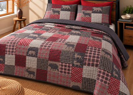 Rugs 4 Less Rustic Log Cabin Lodge Quilted Grey Charcoal Deep Red Reversible Plaid Bear Patchwork Bedspread Coverlet Bedding Set - Plaid Bear (King/Cal-King)
