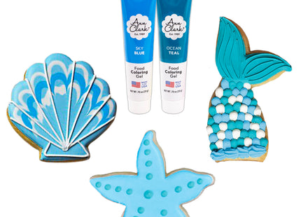 Mermaid Cookie Cutters and Decorating 5-Pc. Set Made in USA by Ann Clark, Starfish, Seashell, Mermaid Tail, Teal & Sky Blue Food Coloring Gel