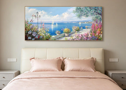 Oversized French Coastal Flower Sailboat Canvas Wall Art Framed Pastel