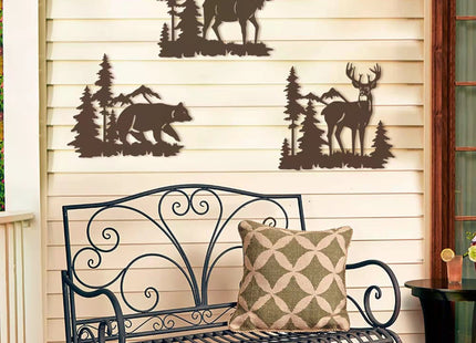 WAIU Set of 3 Brown Metal Deer Bear Moose Pine Tree Wall Decor 9.3 Inch, Rustic Cabin Indoor Outdoor Hanging Ornament