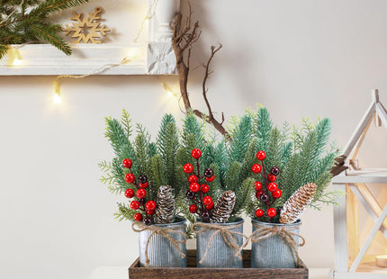Winlyn Christmas Farmhouse Centerpiece Rustic Wood Tray 3 Galvanized Pots with Artificial Pine Cedar Red Berry Snowy Pinecone Christmas Arrangement Table Decoration for Holiday Home Kitchen Mantel