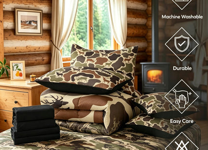Erosebridal Camo Deer Comforter Set 7 Pcs Camouflage Hunting Deer Bedding Sets for Kids Teens Green Military Army Camo Bed in A Bag Queen Country Hunter Wildlife Sheet Set with Comforter