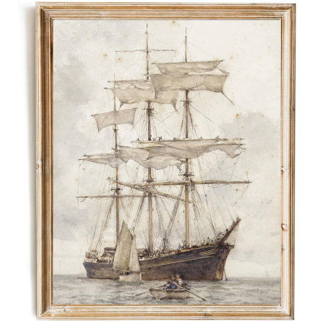 SWZHHYL Vintage Set Sail Wall Art, Neutral Nautical Canvas Print, Lake Sea Wall Painting, Rustic Coastal Sailboat Wall Art Prints, Antique Boat Drawing for Coastal Decor, Nautical Painting Picture Artwork for Bedroom Bathroom Living Room - 8x10inch Unfram