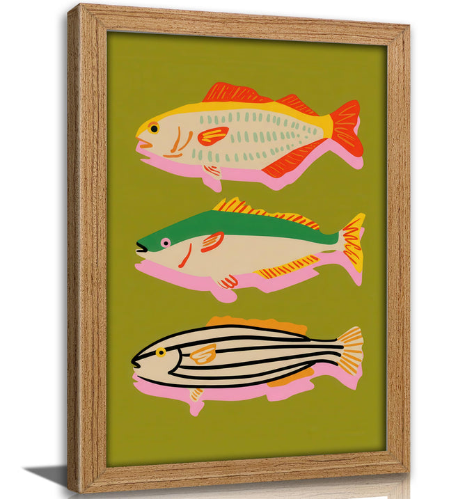 Framed Colorful Fish Wall Art, Modern Abstract Marine Life Painting Canvas Print, Vibrant Coastal Wall Decor, Sardines Poster Artwork for Dining room Kitchen Office, 8x11in