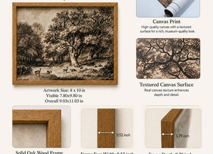 RunRRIn Deer in Forest Landscape Wall Art, Oak-Framed Canvas Print, 8x10