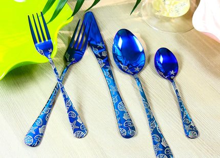 20 Pieces Stainless Steel Flatware Set for 4 People Knives Forks Spoons Set, Seashell Design, Ocean Nautical Seashell Summer Party Blue Silverware Mirror Polish and Dishwasher Safe (20, Blue Seashell)