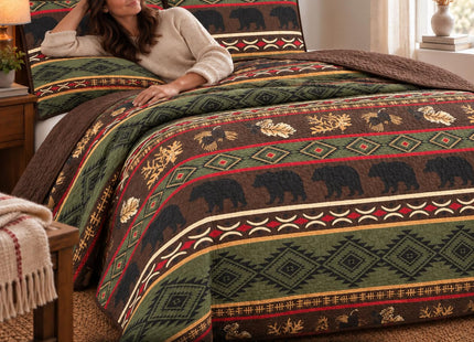 Rugs 4 Less Western Brown Quilt Set with Grizzly Bears and Pinecone Prints, Queen (3 Piece - Quilt and 2 Pillow Shams), 100% Polyester, Microfiber, Machine Washable