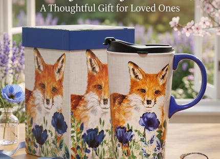 TZSSP 17oz Ceramic Travel Mug with Flip Lid & Handle, Red Fox & Blue Poppy