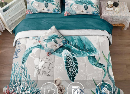 Bedbay Coastal Bedding Comforter Set Ocean King Bed Set Sea Turtle Comforter 8 Pcs Soft Lightweight King Size Bed in Bag Set Ocean Themed Quilt Down Alternative Duvet Set