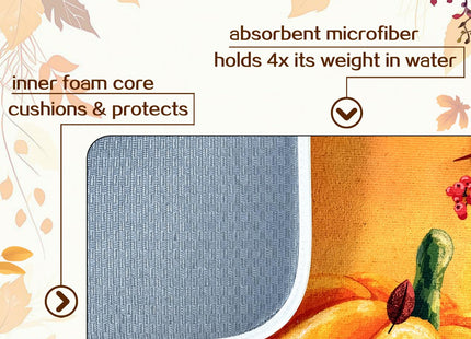 Fall Dish Drying Mat, Harvest Pumpkin Maple Leaf Kitchen Pad 18x24 Inch