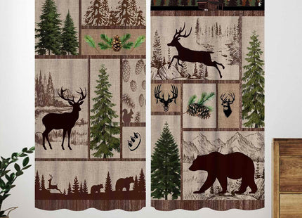 Lnepty Cabin Retro Curtains,Rustic Lodge Bear Deer Country Hunting Wild Animal Plaid Check Adventure Farmhouse Window Treatments for Bedroom Living Room Kitchen Drapes 21" W x 45" L,2 Panel Set