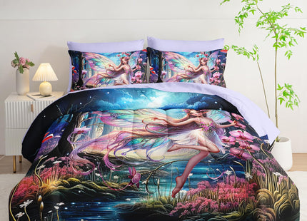 AILONEN Beautiful Butterfly Fairy Comforter Set, Twin Size 7-Piece,Magic Mushroom Bedding Set for Kids,Mysterious Fairy Forest Comforter & Fitted Sheet & Flat Sheet,2 Pillowcases,2 Pillow Shams
