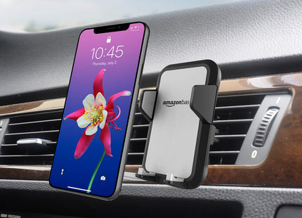Amazon Basics Universal Portable Smartphone Holder for Car, Air Vent Mount, 360° Rotation, Easy to Install, One-Handed Release, Adjustable and Secure, Grey