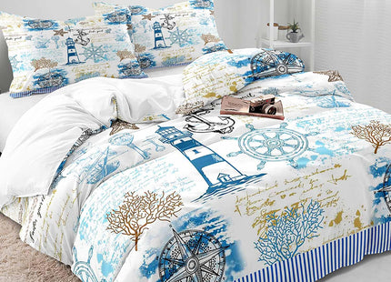 LUVIVIHOME 3PCS Nautical Bedding Set, King Duvet Cover, White Light Blue Stripes Lighthouse Anchor Compass Rudder Coral Starfish Beach Sea Ocean Coastal Comforter Bedspread Quilt Cover, 2 Pillow Cases