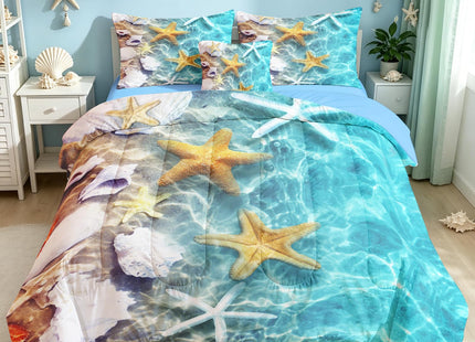 BDUCOK 6 Pieces Ocean Beach Themed Comforter Set Full Size, Coastal Water Print Bed in a Bag with Starfish Seashell Pattern, Soft Microfiber Bedding Set All Season 3005Full