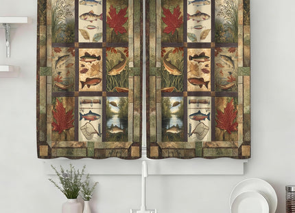 KzgtY Retro Autumn Fishing Kitchen Curtains 28W X 36L Inch 2 Panels Rod Pocket Small Short Cafe Curtain Window Drapes Treatment Bathroom Home Decor